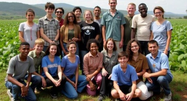 — American Students on an Educational Trip in Kenya A group of American students visiting a farm during an educational trip in Kenya, standing together in a lush green field.